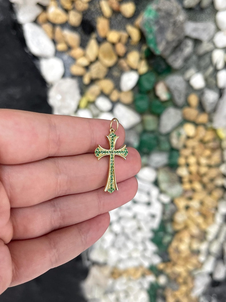 0.60tcw 14K Emerald Crucifix Pendant Round Cut Mid-Century Emerald Accent Cross Pendant