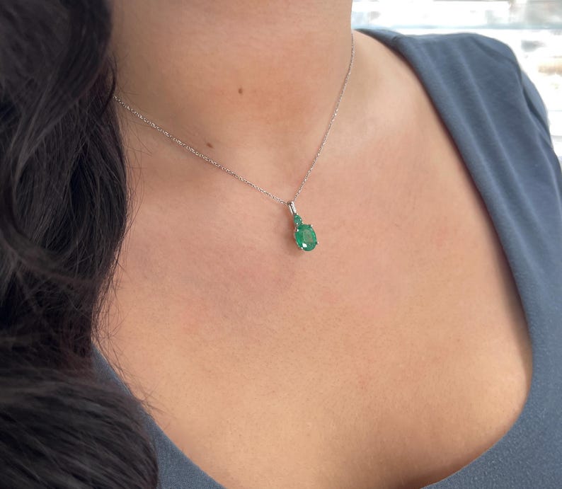 2.85tcw 14K Natural Oval & Pear Cut Emerald Accent Duo Pendant Medium Green Emerald Pendant Necklace