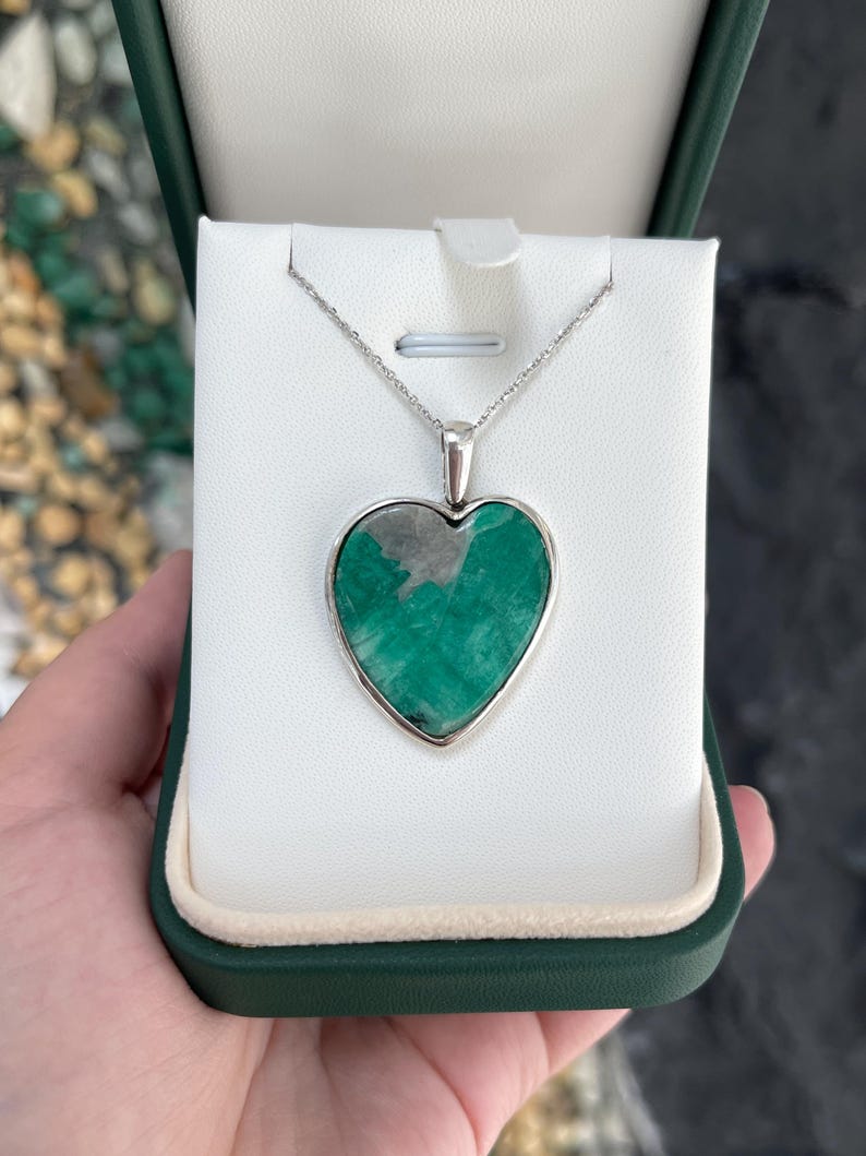 Bezel Set Colombian Emerald Rough Gem Heart Pendant in 925 Sterling Silver