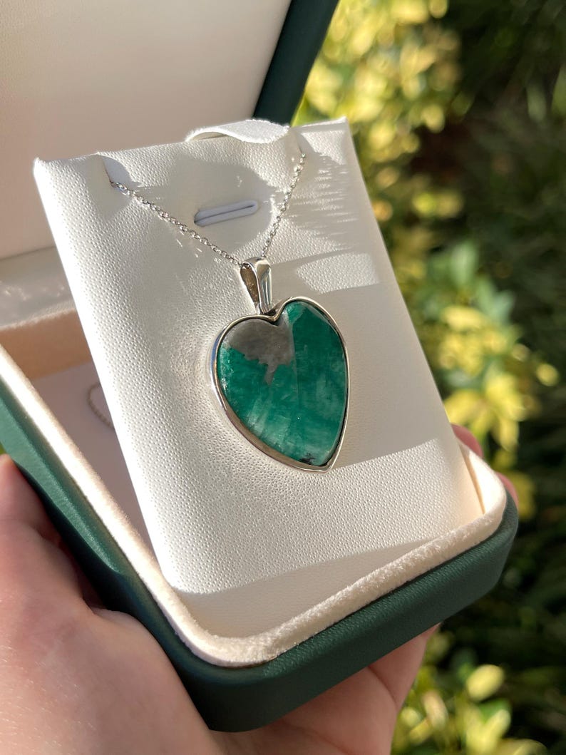 Colombian Emerald in Matrix Heart Pendant Bezel Set Natural Emerald Rough Gem 925