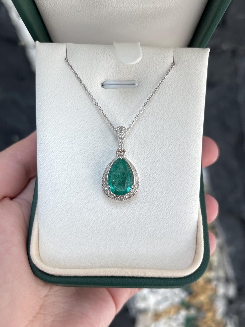 Pear-Cut Emerald Pendant in Floral Design, 14K White Gold with Diamond Highlights