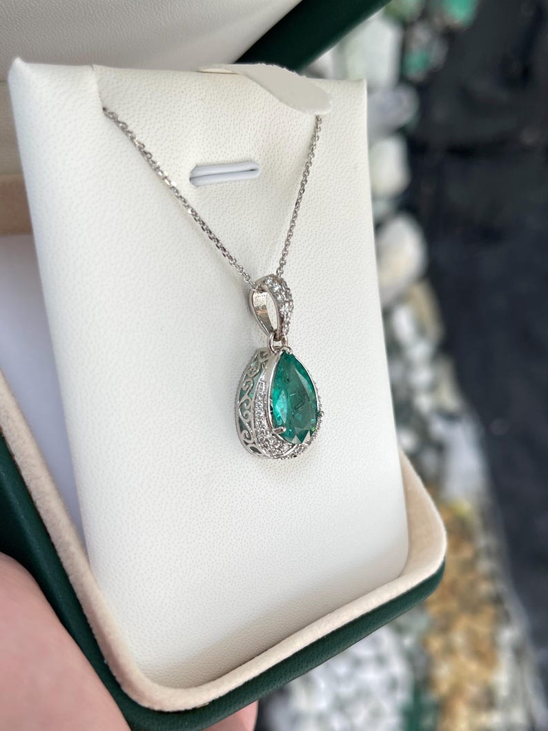 Sophisticated 3.37tcw Emerald and Diamond Necklace in Bluish-Green White Gold