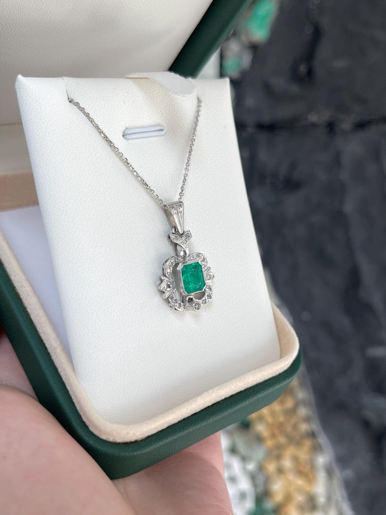 Natural Colombian Emerald Necklace with Diamond Accents, 14K Gold, Art Deco Style