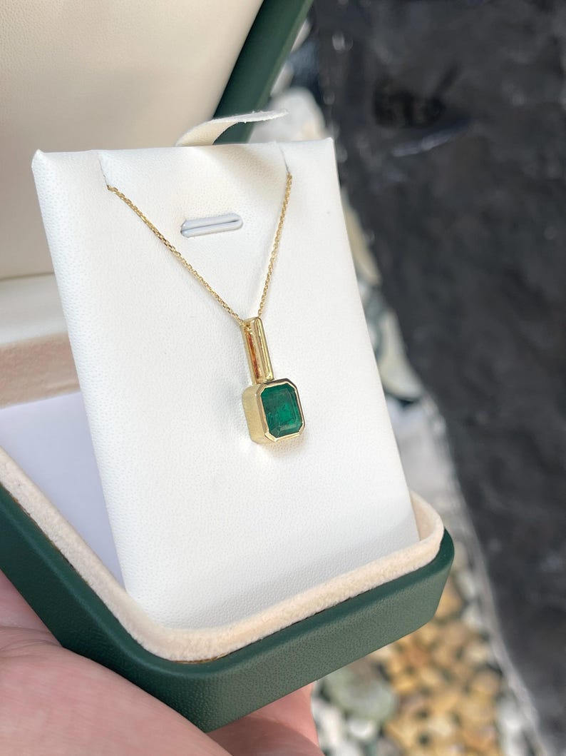 Rich Forest Green 2.58ct Emerald Bezel Pendant, 14K North-South Setting