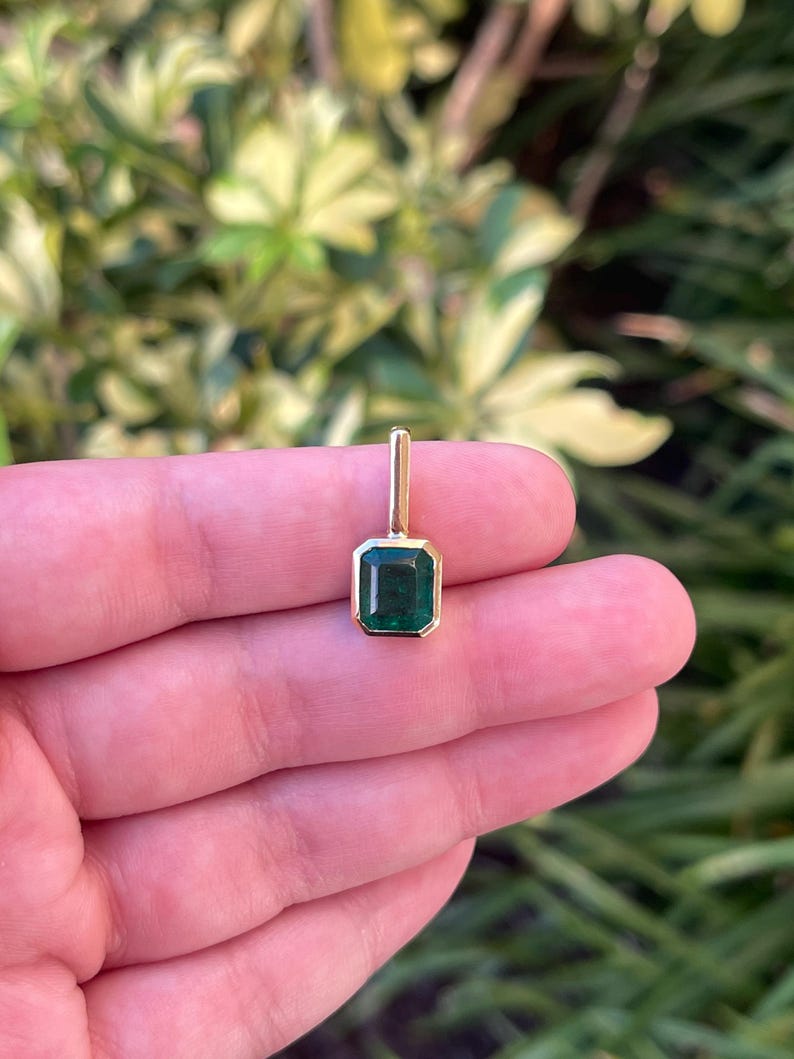 2.58ct 14K Rich Forest Green Emerald Bezel Solitaire Pendant Emerald Cut Emerald North-South Bezel Set