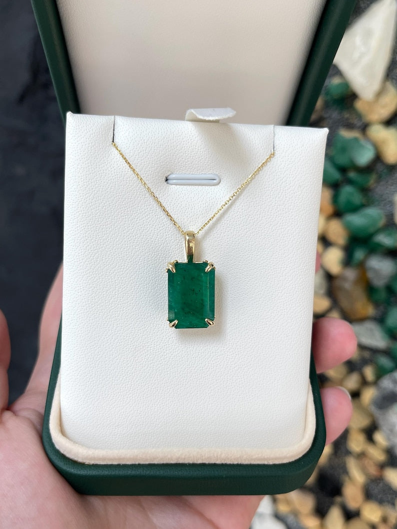 14K Four Prong Pendant Featuring 6.09ct Deep Green Emerald Cut Emerald in Floral Basket Design