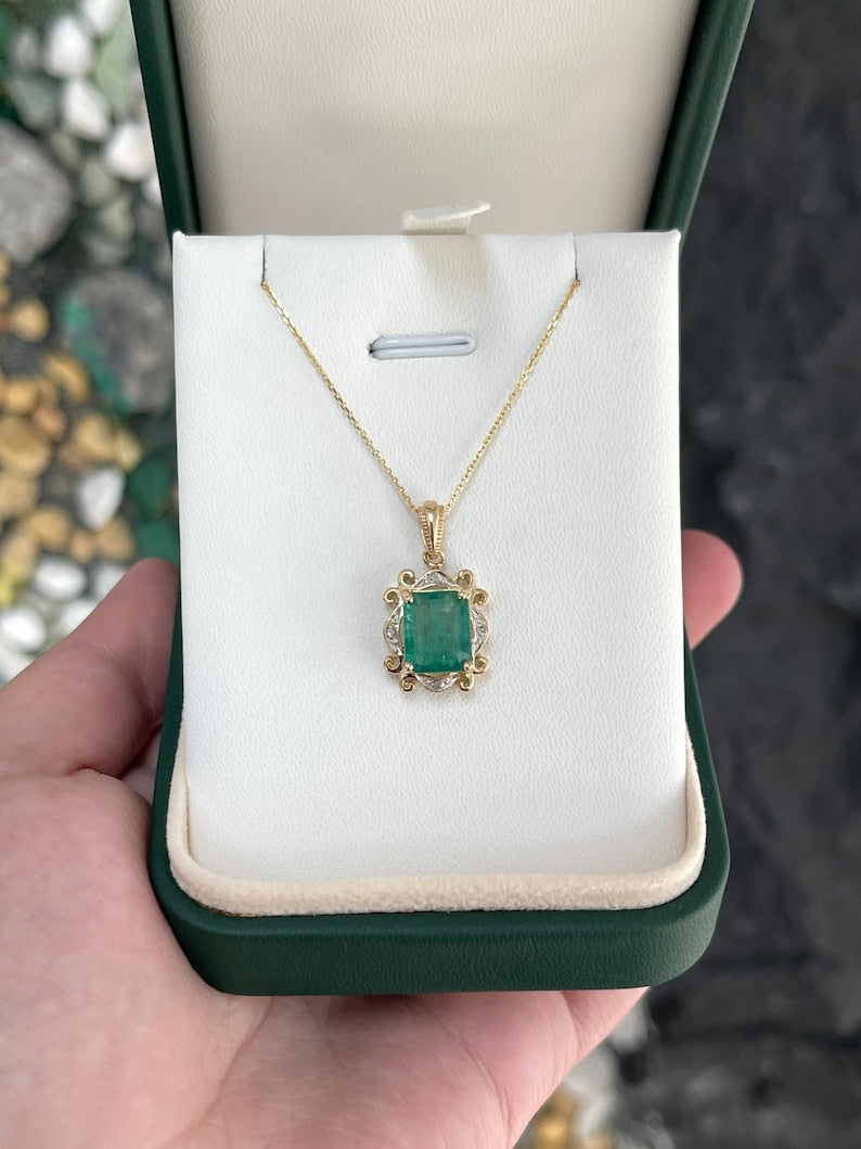 14K Natural Emerald & Diamond Accent Necklace, 3.06tcw, Vintage Emerald Prong Set Pendant