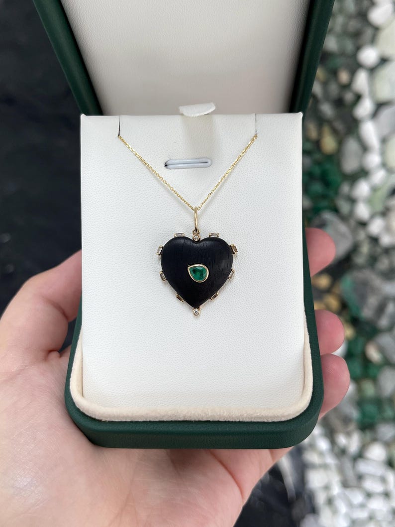 14K Gold Pendant Featuring 0.84tcw Pear Cut Emerald in Heart-Shaped Ebony Wood