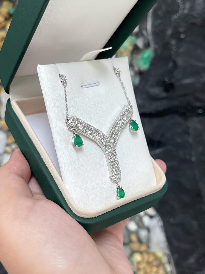 Luxury 5.92tcw Diamond and Emerald Y Pendant Necklace in 18K Gold