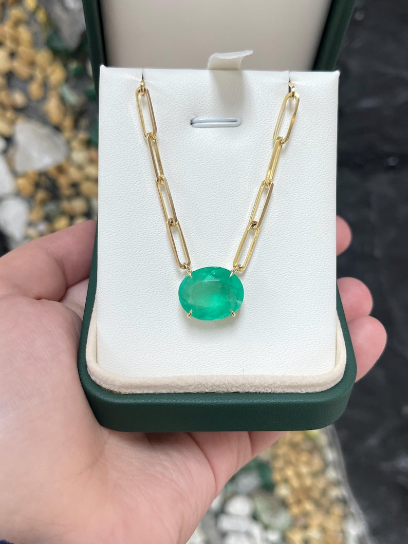 14K Gold East-West Colombian Emerald Statement Necklace, 12.41ct Oval