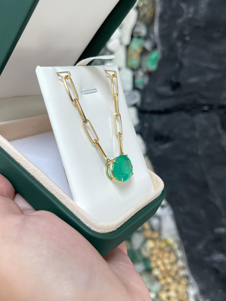 Elegant 12.41ct Oval Colombian Emerald Necklace with 14K Gold Paper Clip Chain