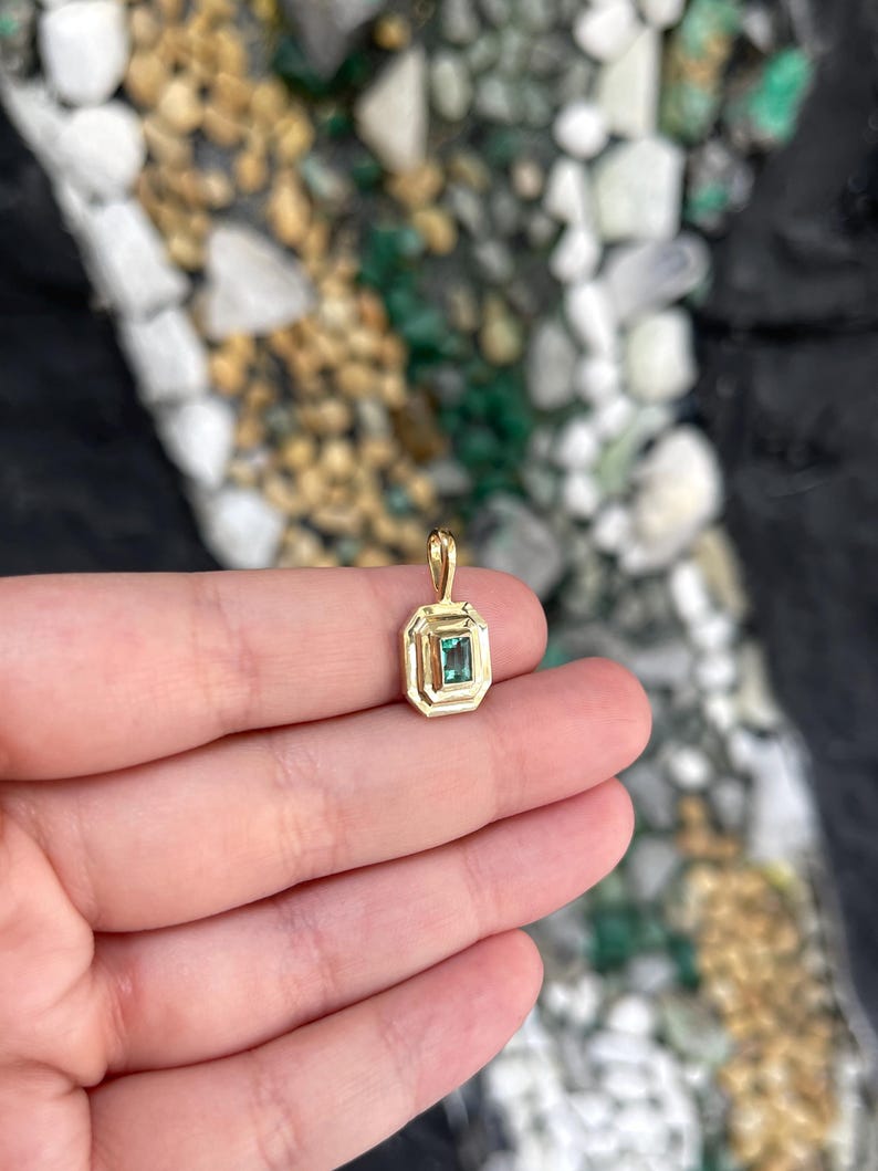 0.70ct 14K Natural Emerald Cut Emerald Solitaire Slider Pendant Necklace