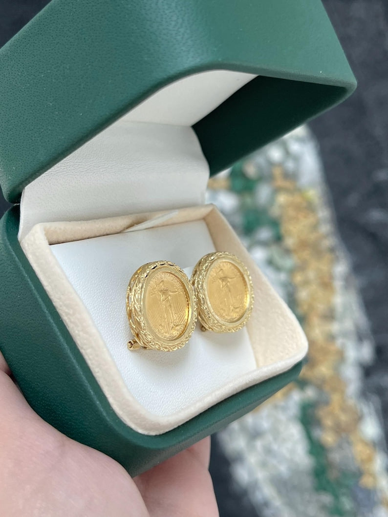 Elegant 14K Gold Coin Earrings with Lady Liberty, Omega Back Design - 2003