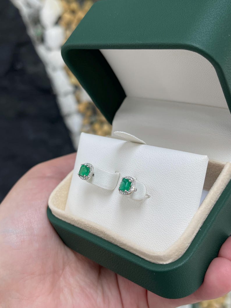 15tcw May Birthstone Earrings – 14K Asscher-Cut Emerald & Diamond Halo Studs