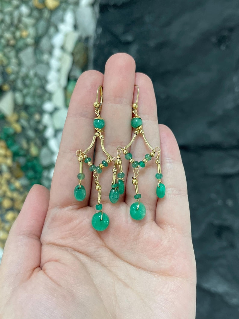 Chandelier-Style Earrings with Natural Emerald Beads and 14K Gold-Silver Finish