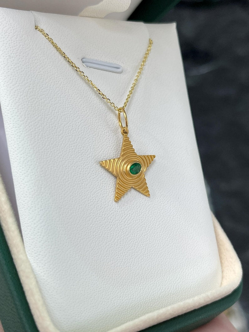 14K Textured Gold Emerald Star Pendant 0.19ct with Oval Bezel