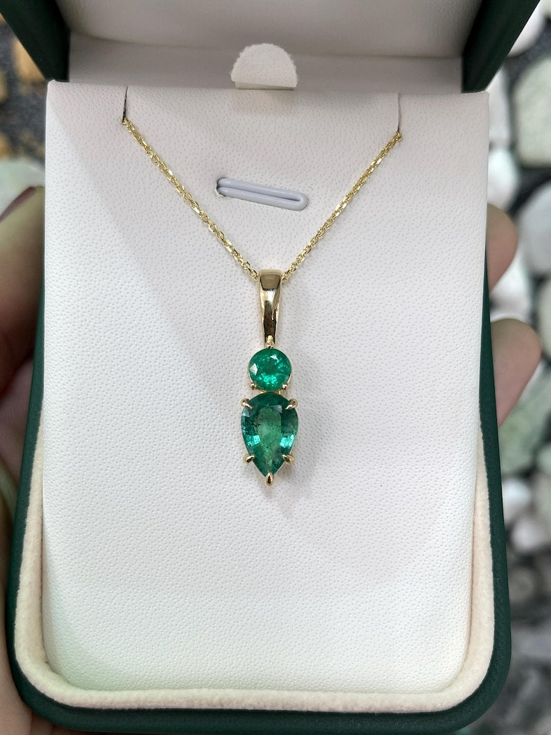 3.15 Carat Toi et Moi Zambian Emerald Pendant on 14K Gold Teardrop Chain Necklace