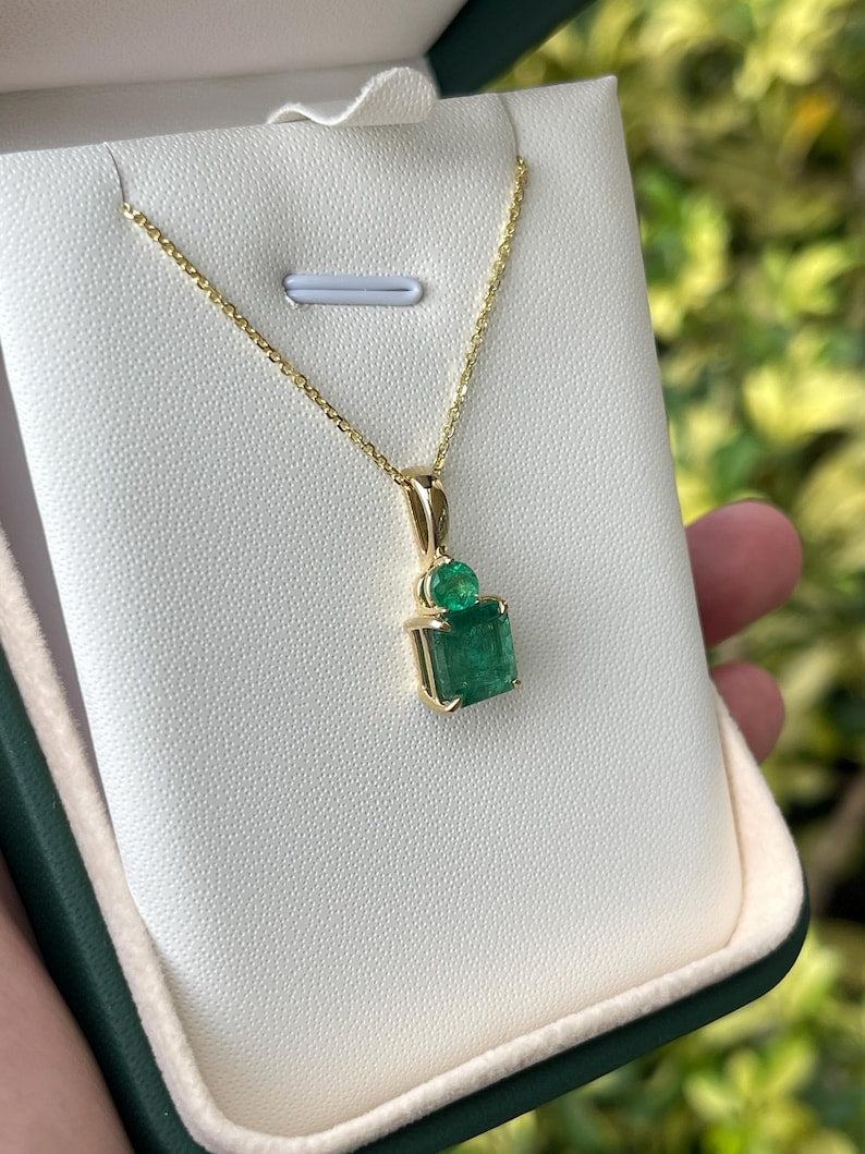 4.46tcw Zambian Emerald Pendant Necklace in 14K Gold, Asscher & Round Cut Design