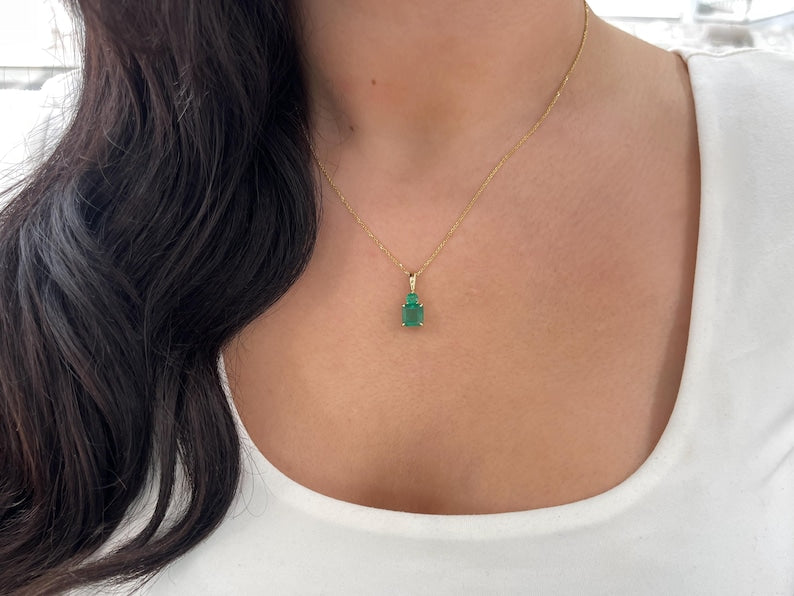 4.46tcw Zambian Emerald Toi et Moi Necklace 14K Gold Asscher & Round Pendant