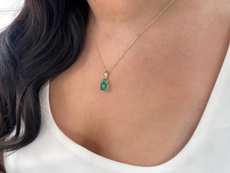 4.46tcw Zambian Emerald Toi et Moi Necklace 14K Gold Asscher & Round Pendant