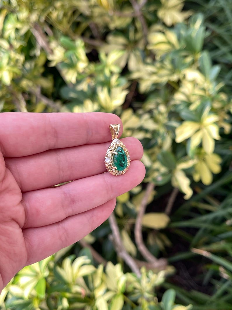 2.71tcw Teardrop Emerald & Diamond Accented Vintage Inspired Fairytale Pendant