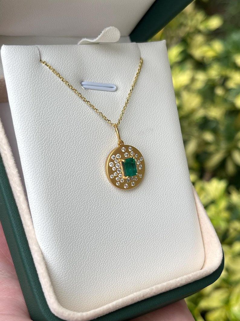 Bezel Set Emerald Pendant with Diamond Details | 14K Gold, 0.92tcw