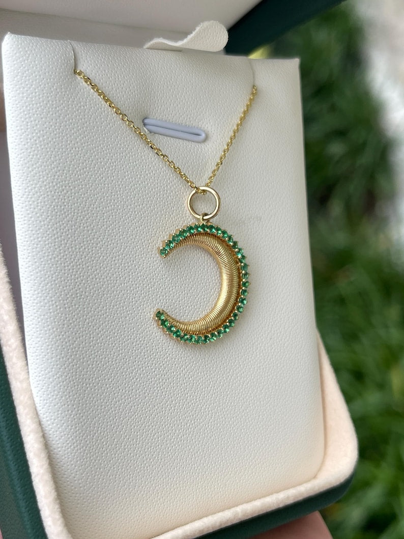 0.52tcw Emerald & 14K Gold Half Moon Pendant Necklace with Petite Round Cut Stones