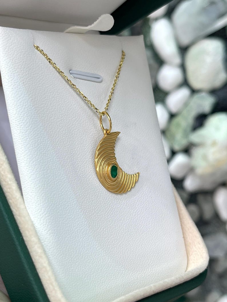 0.20ct Emerald Half Moon Pendant in 14K Textured Gold with Oval Bezel Charm