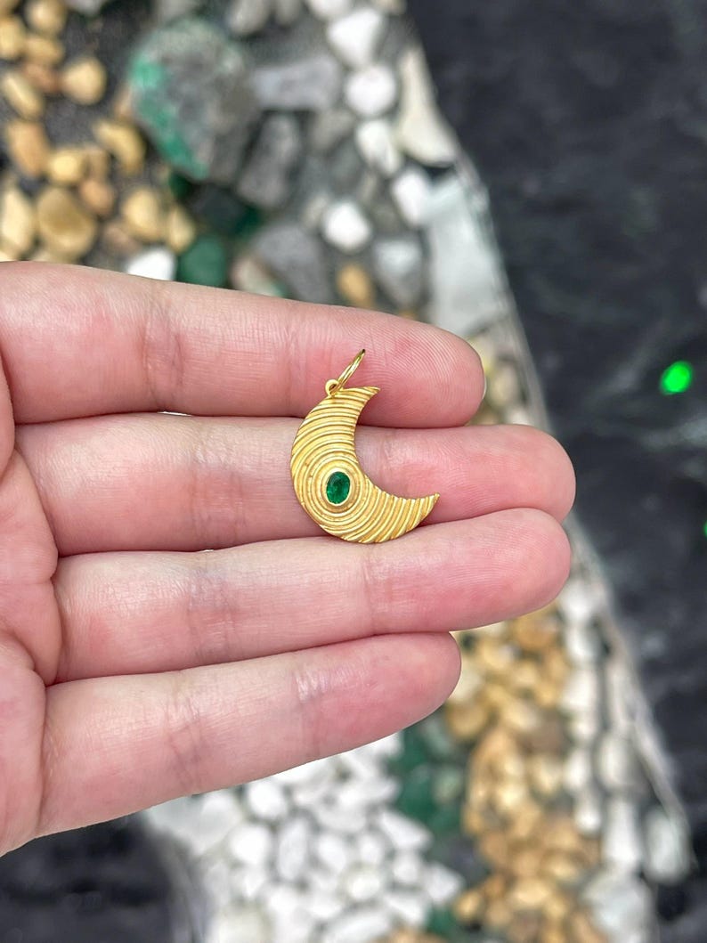 Textured 14K Gold Pendant with Emerald, Oval Cut Moon Charm, and Half Moon Design