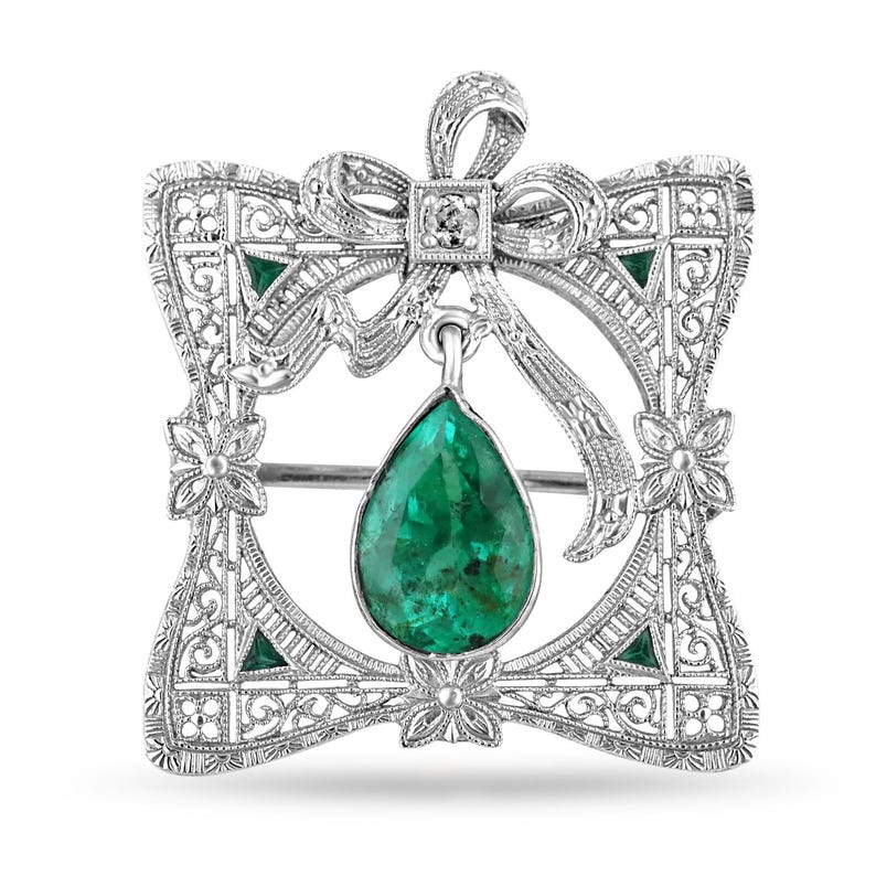 2.65tcw 14K Colombian Emerald Pear Cut & Diamond Vintage Pendant/Brooch