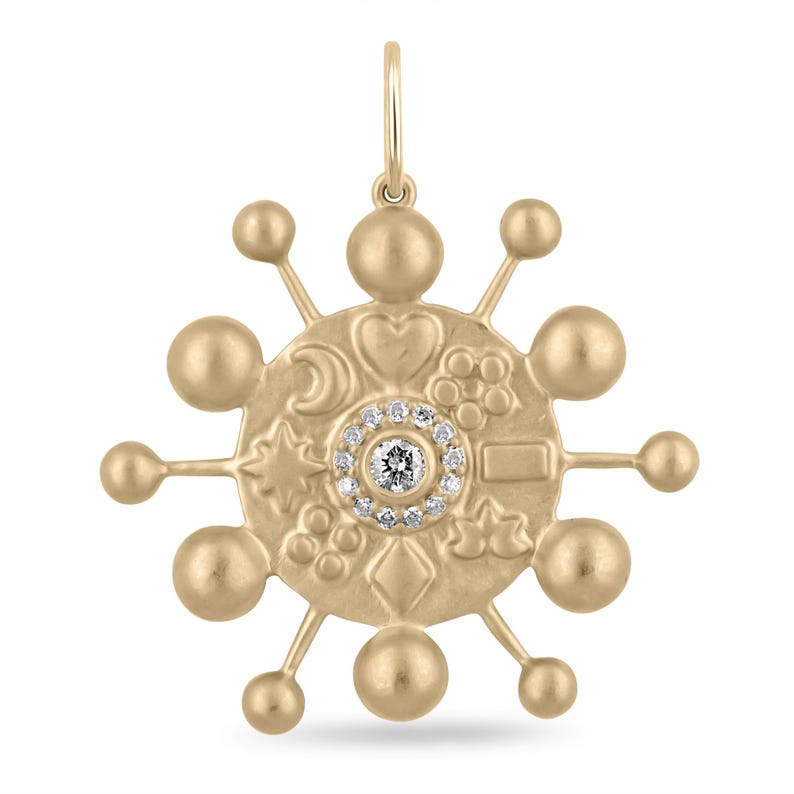 14K Gold Celestial Pendant with Natural Diamonds, Heart and Moon Design - 0.15tcw