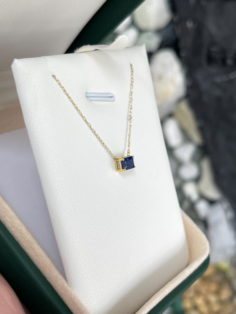 0.65ct Natural Blue Sapphire Necklace in 14K Gold, Emerald Cut Design