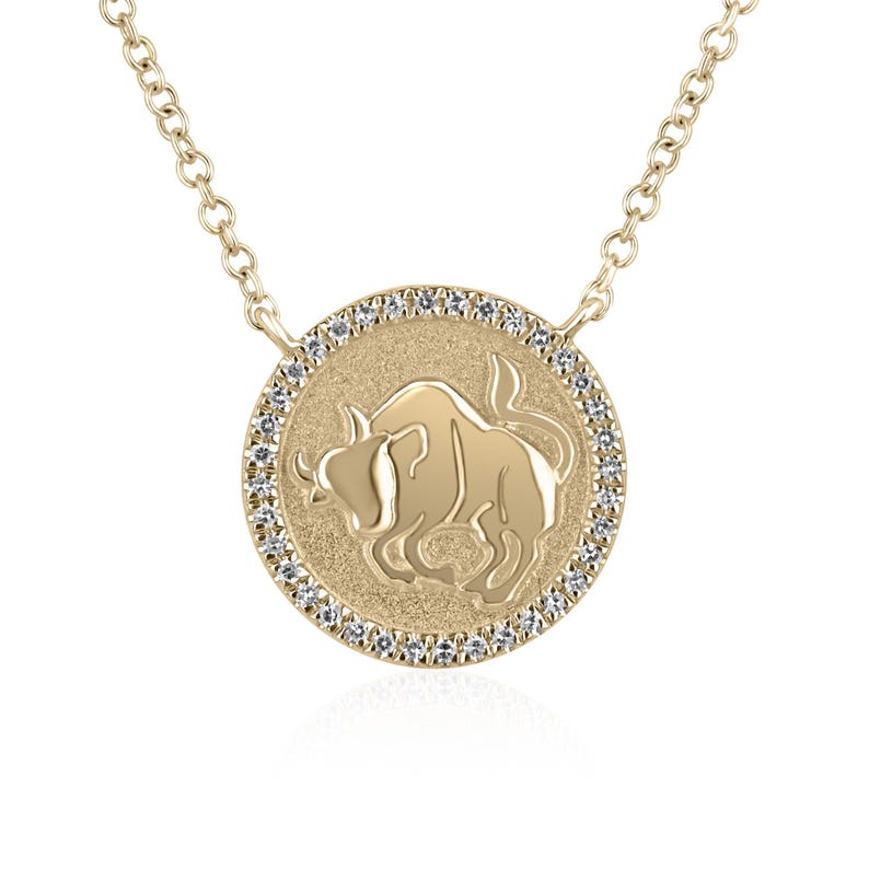 0.9-Carat 14K Gold Taurus Diamond Necklace with 3D Bull Medallion on Adjustable Chain, 16-18 Inch