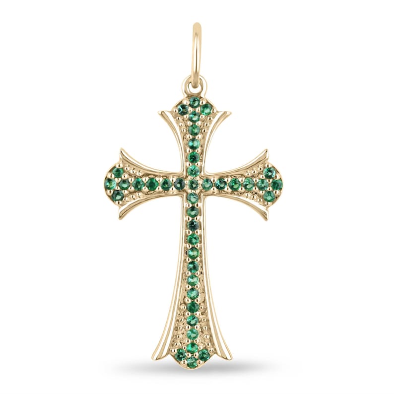 14K Gold Cross Pendant with 0.60ct Emerald Round Cut Mid-Century Design