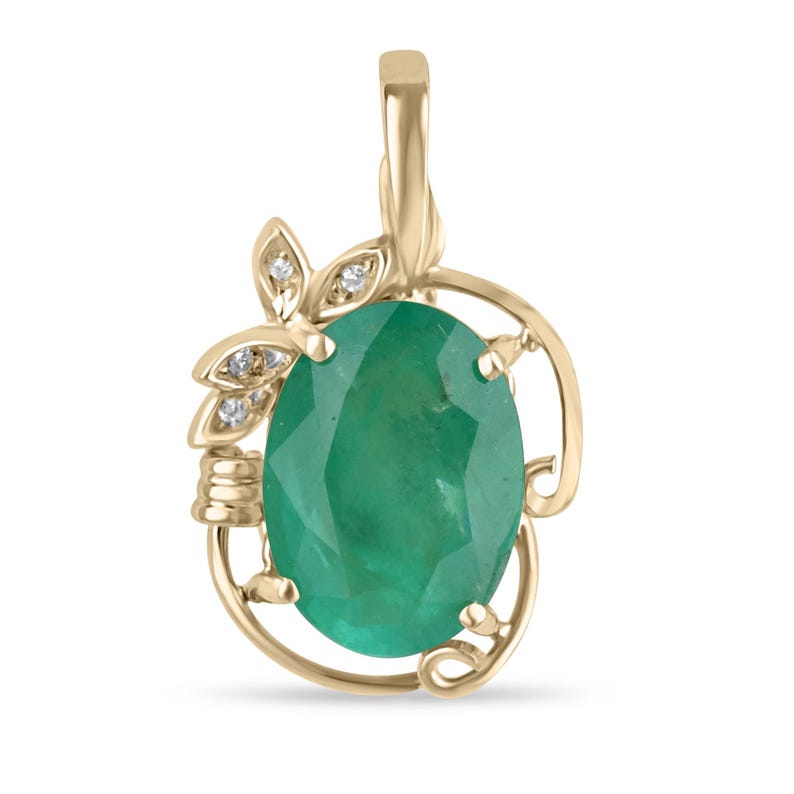 14K Gold Colombian Emerald Pendant with Diamond Accents – 7.97tcw Medium Green Oval Gemstone