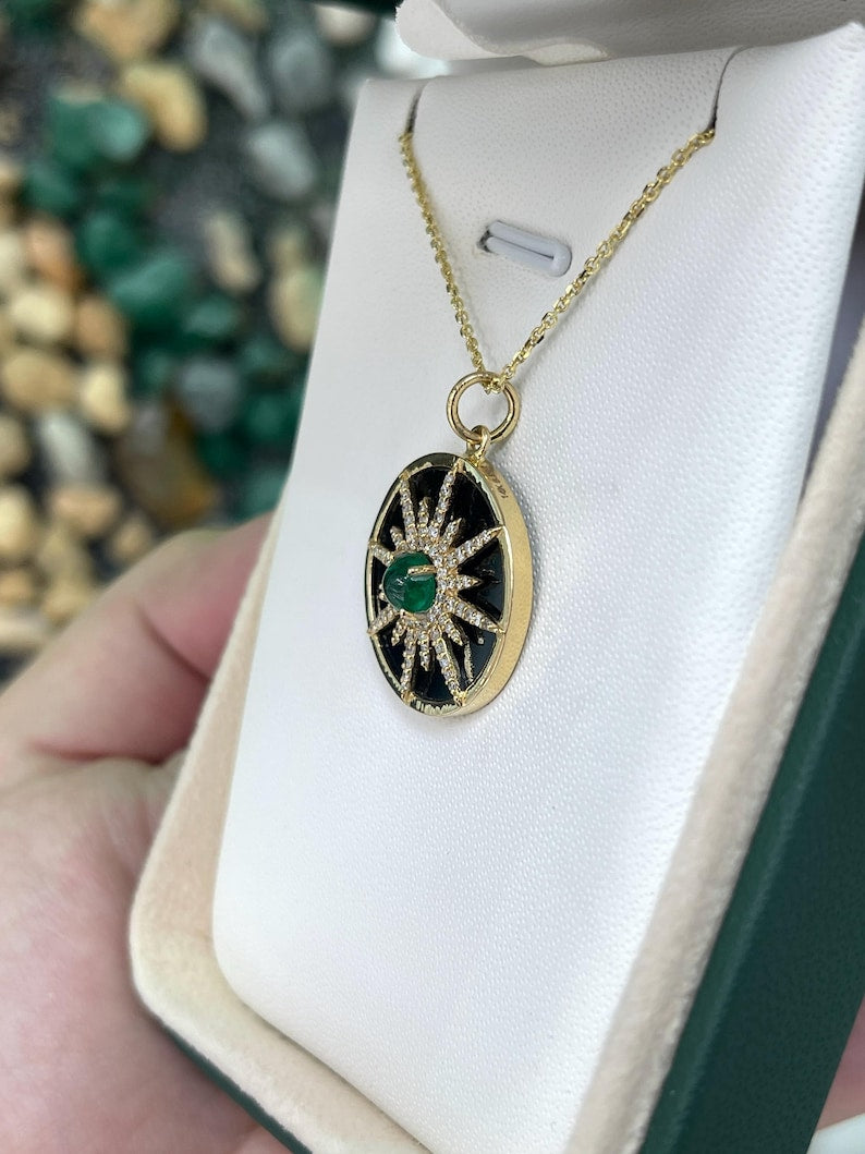 Black Onyx & Emerald 14K Gold Necklace with 0.38 Carat Emerald Cabochon Diamond Pendant