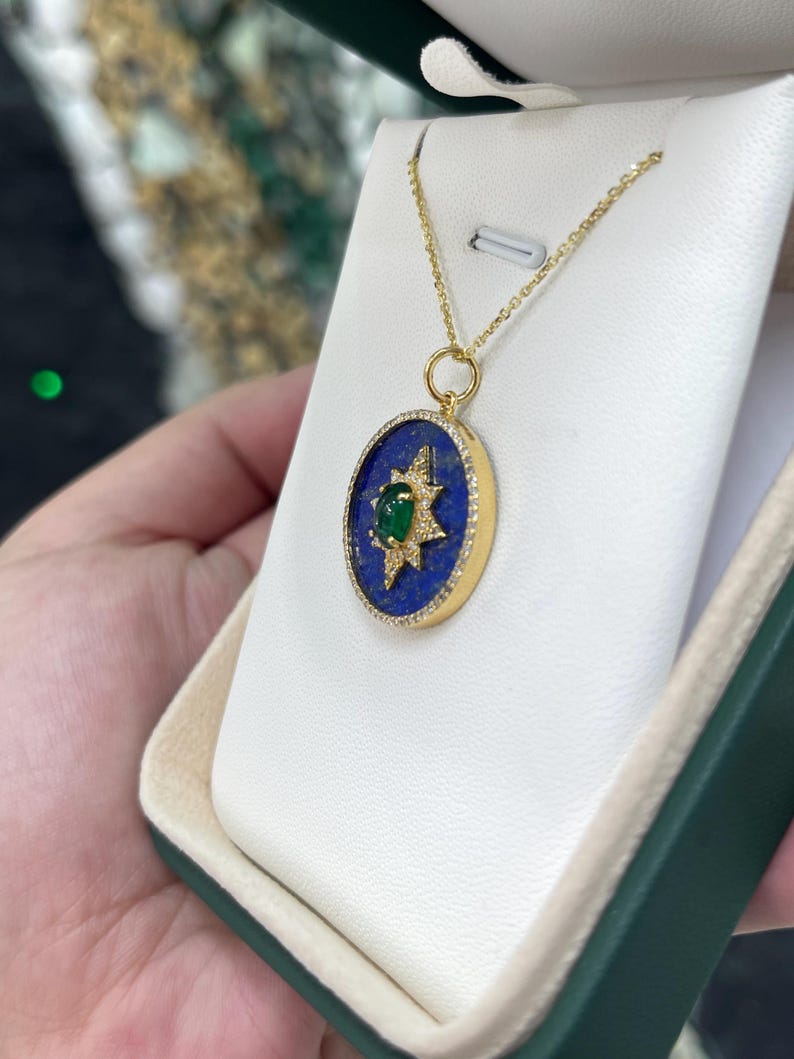 14K Gold Emerald Cabochon Pendant with Diamonds and Lapis Necklace