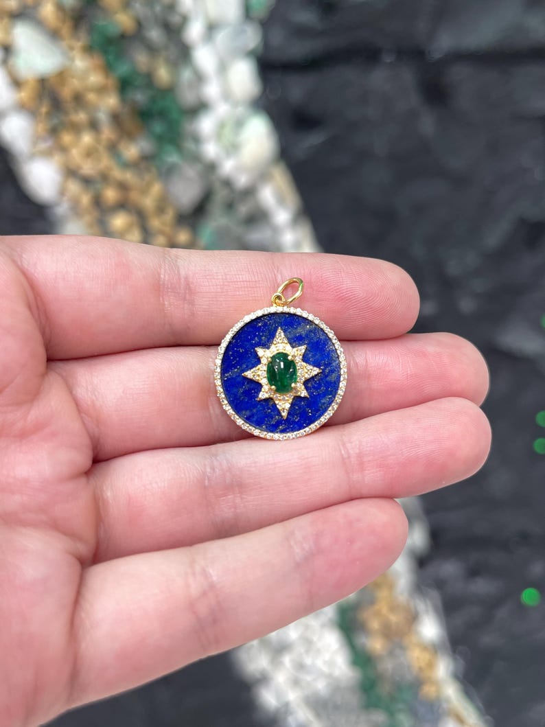 10.49tcw 14K Gold Natural Emerald, Lapis Lazuli, & Diamond Medallion Pendant