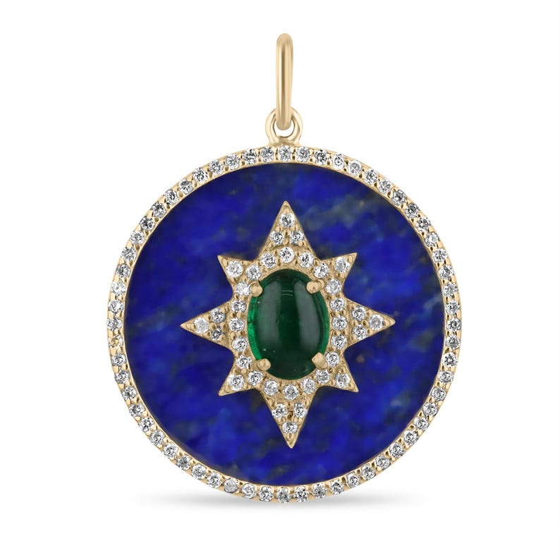 14K Emerald Cabochon Diamond Pendant with 0.39-Carat Stones