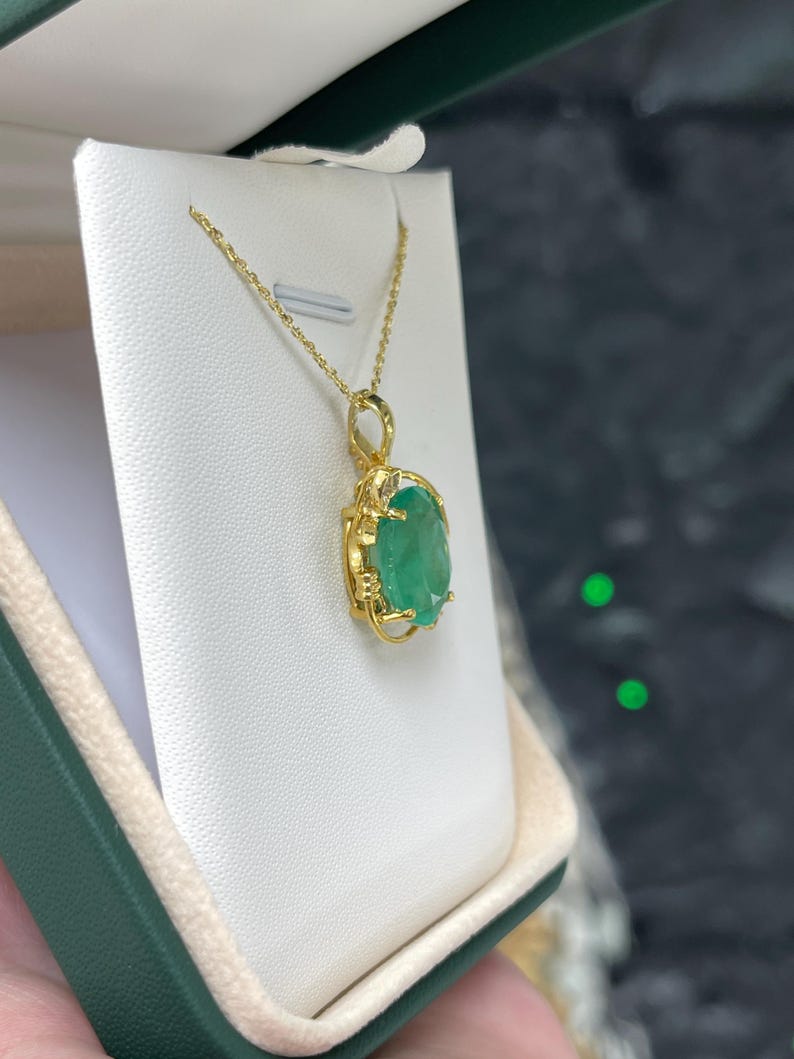 14K Gold Medium Green Oval Colombian Emerald Pendant with Diamond Accents – 7.97tcw Jewelry