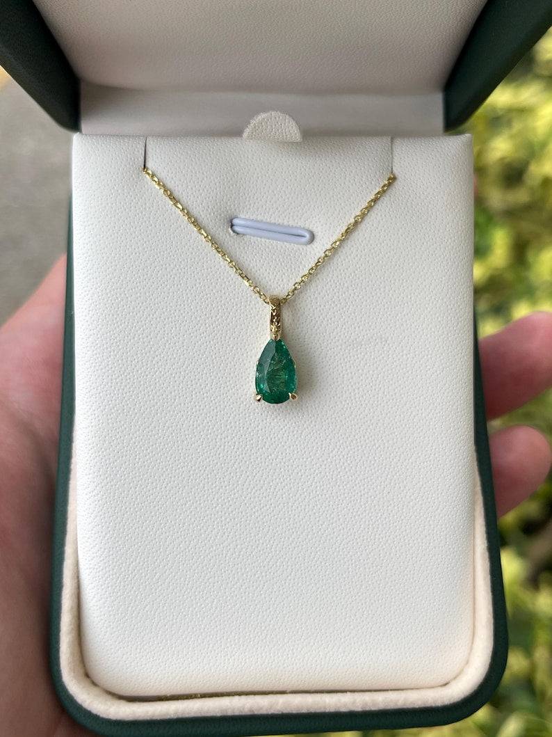 Deep Green Pear-Shaped Emerald Necklace, 2.06ct in 14K Gold Setting