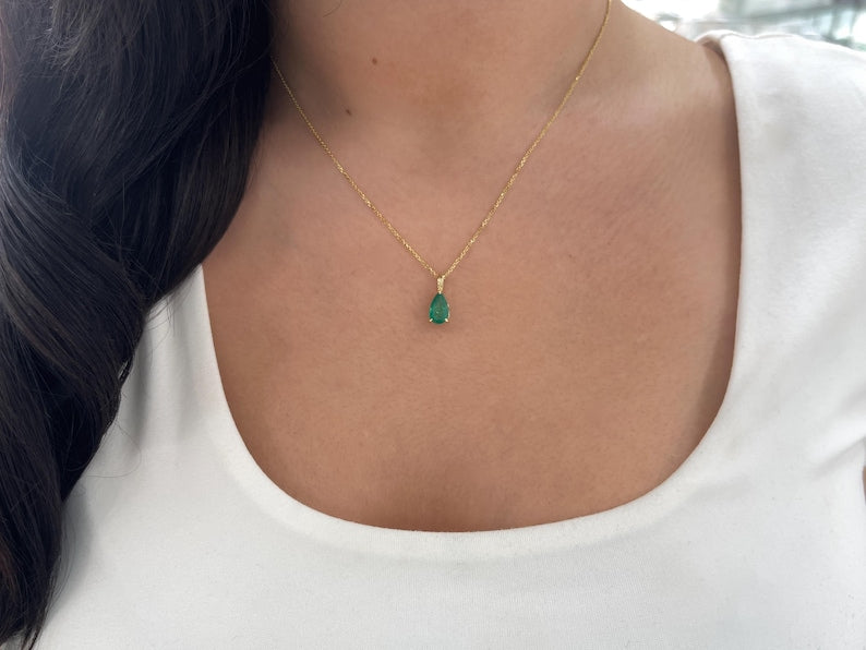 2.06ct 14K Deep Ravishing Pear Cut Emerald Solitaire 3 Prong Dark Green Pendant Necklace