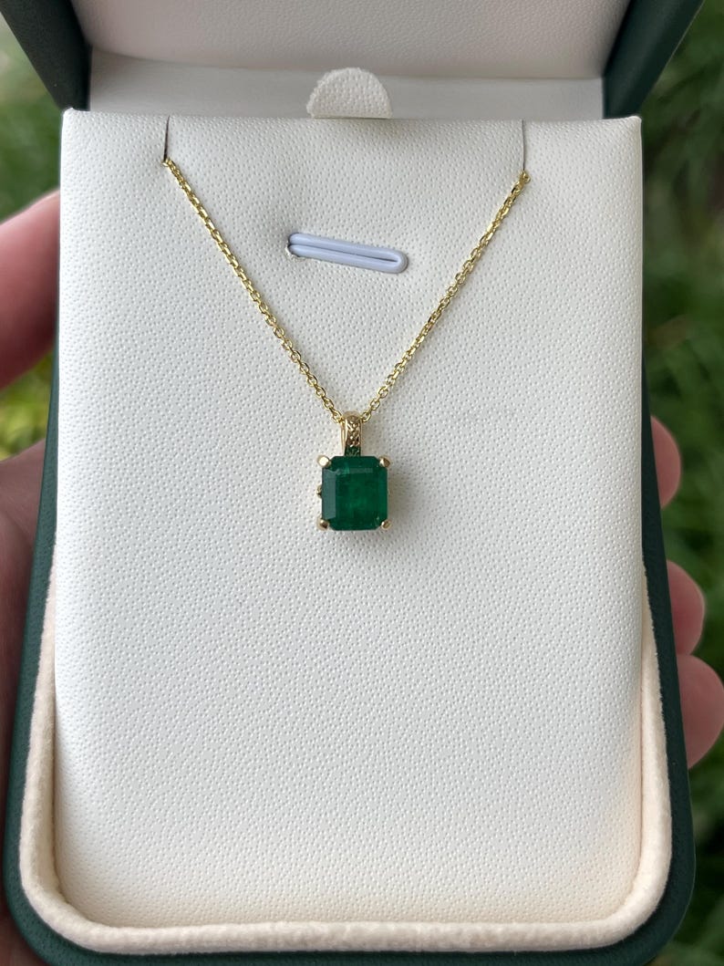 Prong-Set 2.0ct Dark Green Emerald-Cut Pendant on 14K Necklace