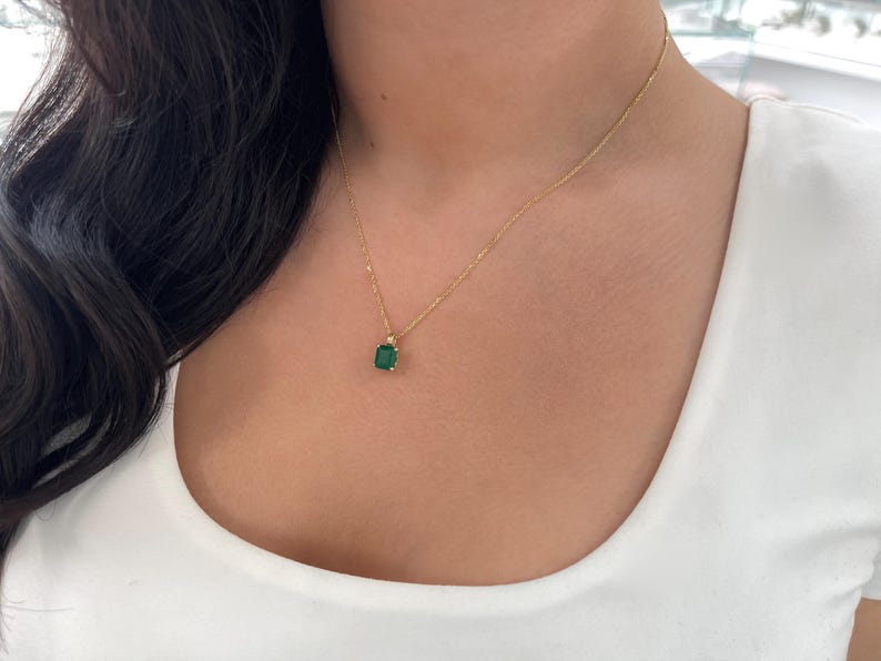 2.0ct 14K Deep Dark Green Emerald Cut Emerald Pendant Prong Set Necklace