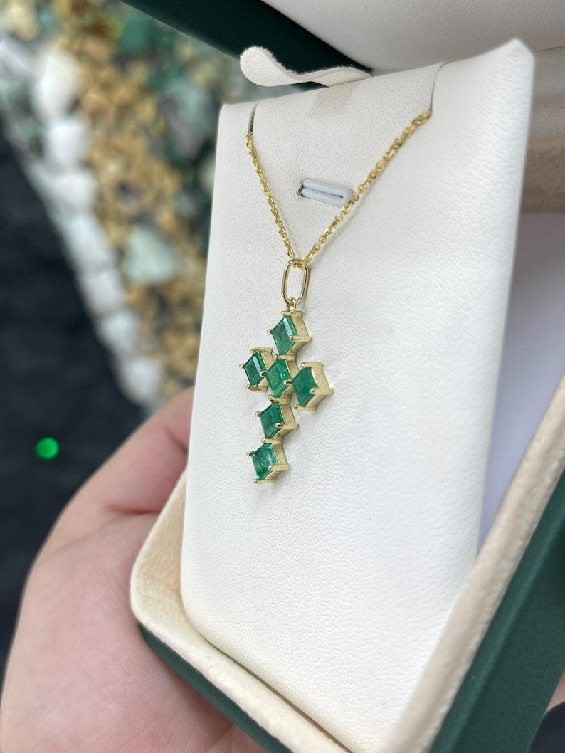 14K Gold Medium Green Cross Pendant Featuring Princess Cut Natural Emeralds