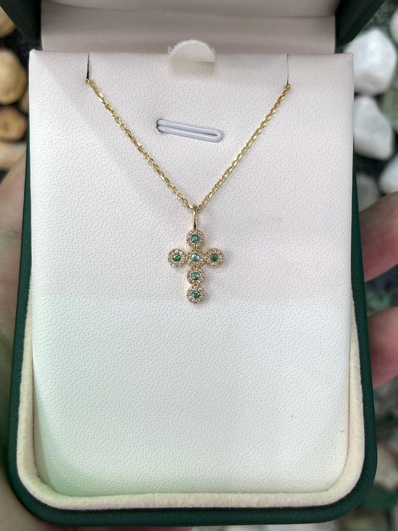 Elegant 14K Gold Emerald Cross Pendant with Round Halo and 0.18tcw Diamonds