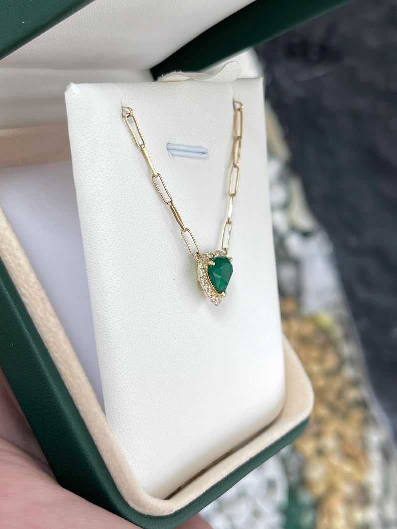 2.0tcw 14K Heart-Shaped Emerald Pendant Necklace with Diamond Halo in Dark Green