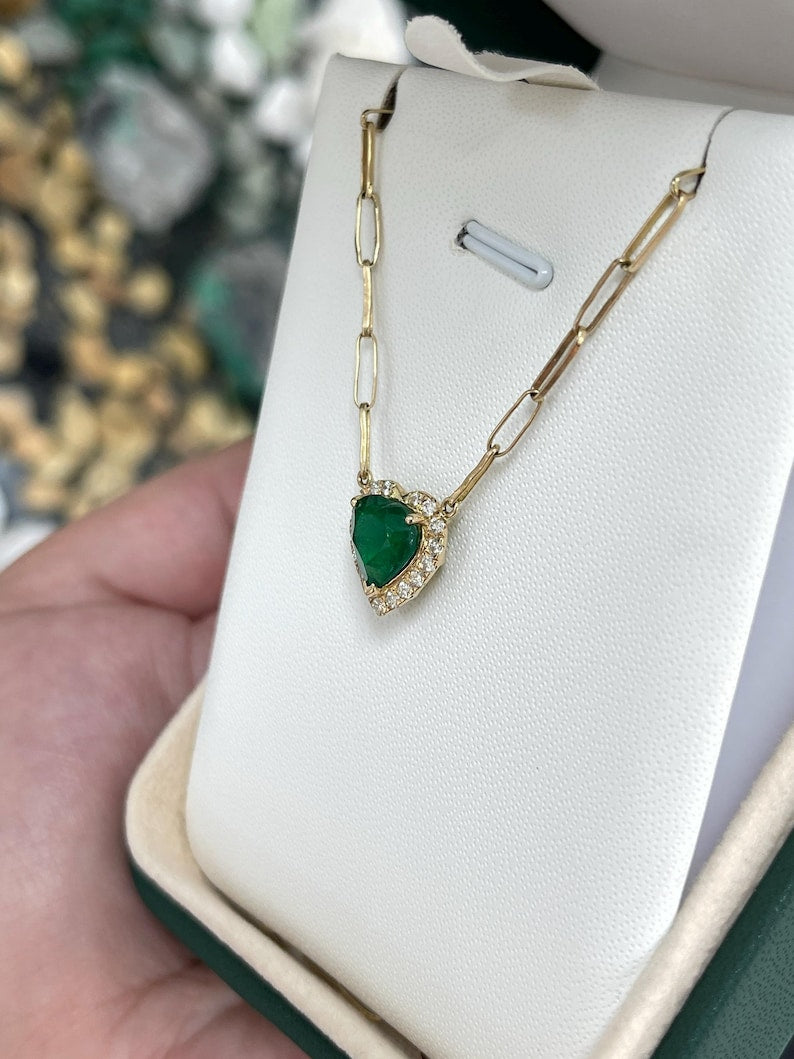 14K Gold Dark Green Heart Emerald and Diamond Halo Pendant Necklace 2.0tcw