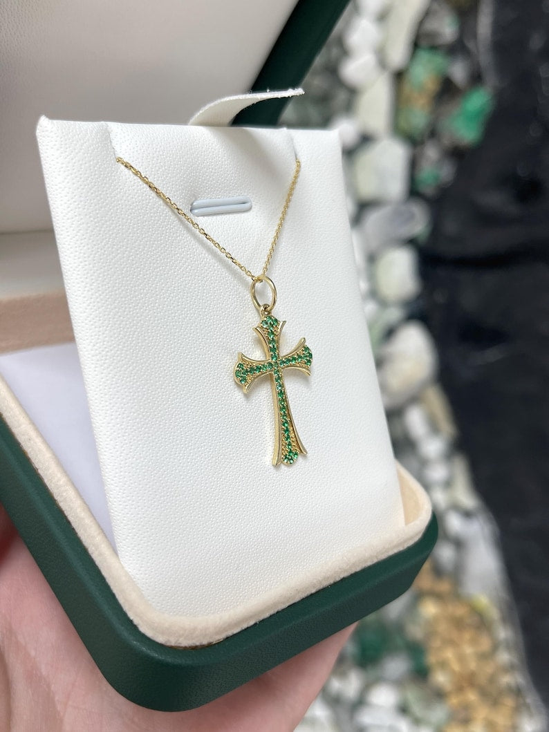 Round Cut Emerald Accent Cross Pendant in 14K Gold, 0.60tcw