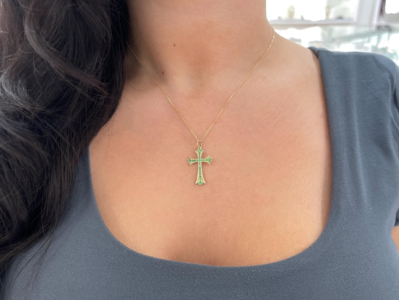 0.60tcw 14K Emerald Crucifix Pendant Round Cut Mid-Century Emerald Accent Cross Pendant